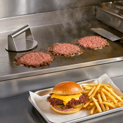 Hamburguesa de Vacuno Smash 105U x 113g — en uso en cocina [lafoy-ambientada]