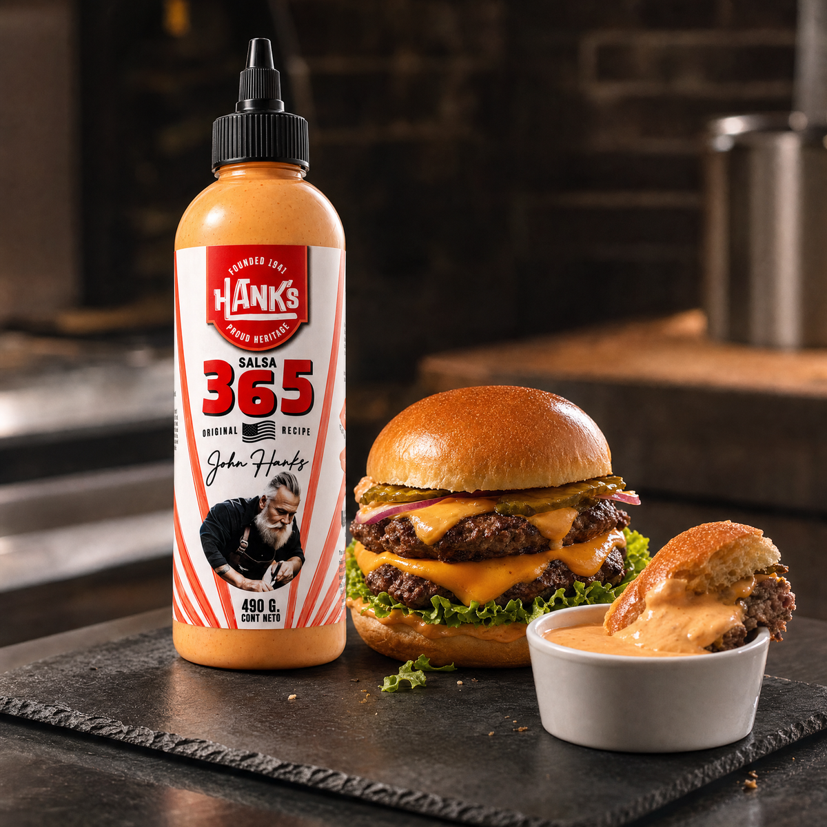 Hanks Salsa 365 (Botella 500ml) — servido en plato [lafoy-ambientada]