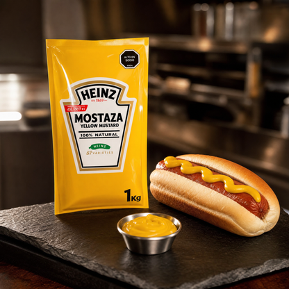 Mostaza HEINZ 10x1kg — servido en plato [lafoy-ambientada]
