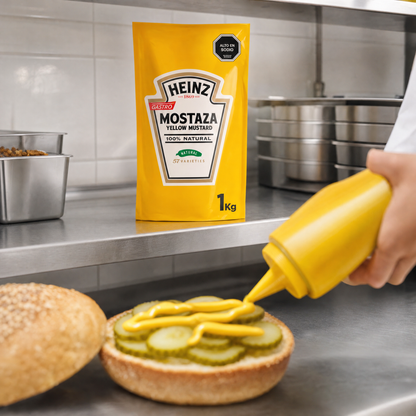 Mostaza HEINZ 10x1kg — en uso en cocina [lafoy-ambientada]