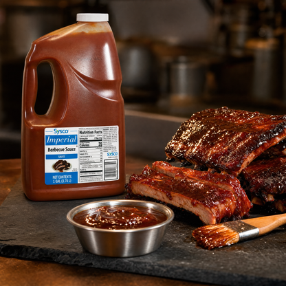 Salsa BBQ SYSCO 1x3,785lt — servido en plato [lafoy-ambientada]